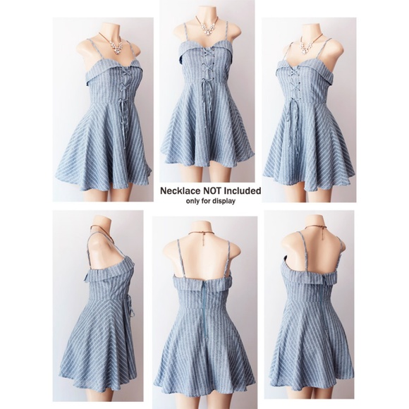 Denim Blue Stripe Laced Up Fit Flare Skater Dress - Picture 7 of 8